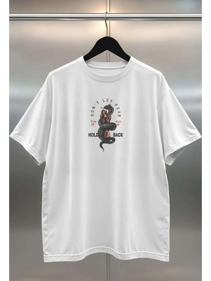 Buzagi Hold Back Dijital Baskı Oversize Unisex Beyaz T-Shirt