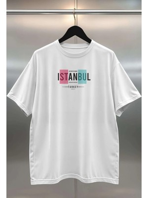 Buzagi Istanbul Dijital Baskı Oversize Unisex Beyaz T-Shirt