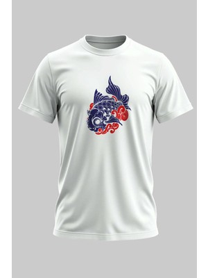 Buzagi Koi Dijital Baskı Regular Kalıp Beyaz Unisex Tişört