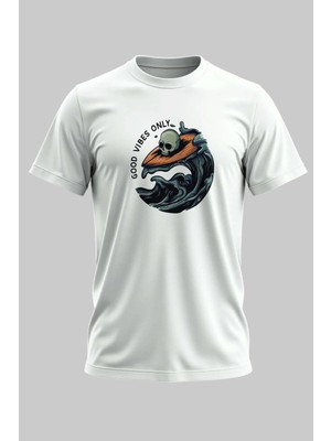 Buzagi Good Vibes Dijital Baskı Regular Kalıp Beyaz Unisex Tişört