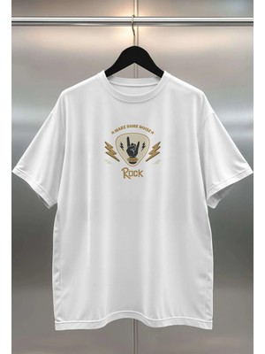 Buzagi Rock Dijital Baskı Oversize Beyaz Unisex Tişört