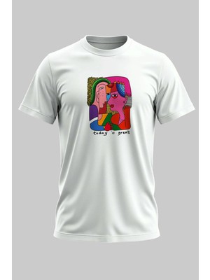 Buzagi Abstract Dijital Baskı Regular Kalıp Beyaz Unisex Tişört