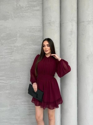 Stores36 Kadın Yarım Balıkçı Yaka Kolları Transparan Astarlı Full Şifon Elbise