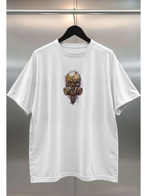 Buzagi Skull Dijital Baskı Oversize Beyaz Unisex Tişört