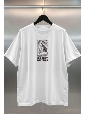 Buzagi Do Not Disturb Dijital Baskı Oversize Beyaz Unisex Tişört