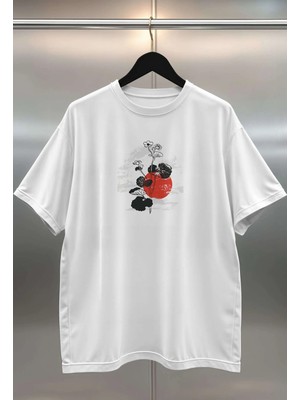 Buzagi Cherry Blossom Dijital Baskı Oversize Beyaz Unisex Tişört