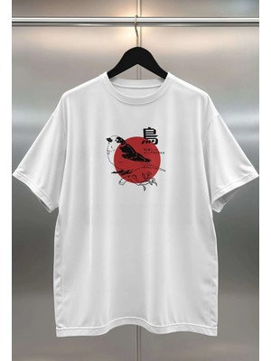 Buzagi Japan Bird Dijital Baskı Oversize Beyaz Unisex Tişört
