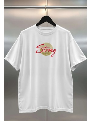 Buzagi Strong Dijital Baskı Oversize Beyaz Unisex Tişört