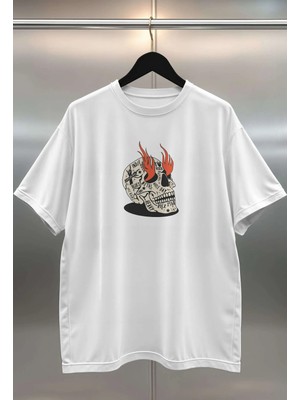 Buzagi Kurukafa Dijital Baskı Oversize Unisex Beyaz T-Shirt