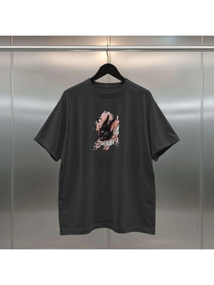 Buzagi Japan Animal Dijital Baskı Oversize Unisex Siyah Tişört