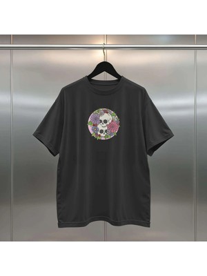 Buzagi Blossom Skull Oversize Dijital Baskılı Siyah Tişört