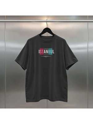 Buzagi Istanbul Dijital Baskı Oversize Unisex Siyah T-Shirt