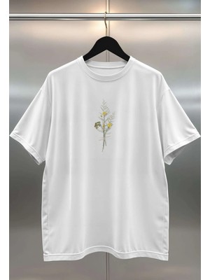 Buzagi Flower Dijital Baskı Oversize Beyaz Unisex Tişört