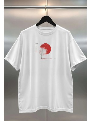 Buzagi Japan Sun Dijital Baskı Oversize Beyaz Unisex Tişört