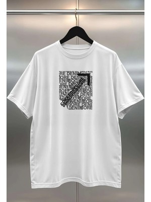 Buzagi Core Denim Dijital Baskı Oversize Beyaz Unisex Tişört