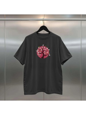 Buzagi Sakura Dijital Baskı Oversize Unisex Siyah T-Shirt