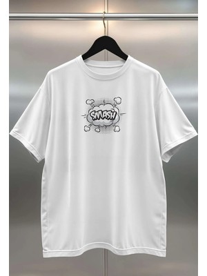 Buzagi Smash Dijital Baskı Oversize Beyaz Unisex Tişört