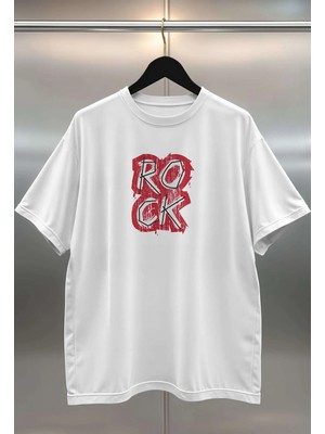 Buzagi Rock Dijital Baskı Oversize Beyaz Unisex Tişört