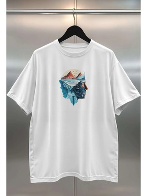 Buzagi Organik Pamuk Dijital Baskılı Oversize Beyaz Tişört