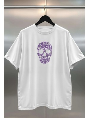Buzagi Flower Skull Dijital Baskı Oversize Beyaz Unisex Tişört