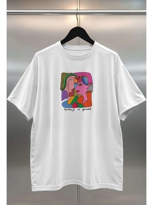 Buzagi Abstract Dijital Baskı Oversize Beyaz Unisex Tişört