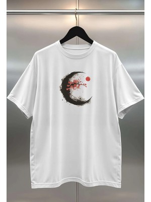 Buzagi Japan Moon Dijital Baskı Oversize Beyaz Unisex Tişört