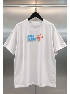 Buzagi Angry Monkey Dijital Baskı Oversize Beyaz Unisex Tişört
