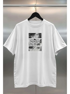 Buzagi Anime Karakterler Oversize Dijital Baskılı Beyaz Tişört