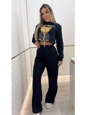 Stores36 Kadın Uzun Kollu Bisiklet Yaka Desenli Iki Iplik Şardonlu Bluz ve Pantolon Ikili Takım