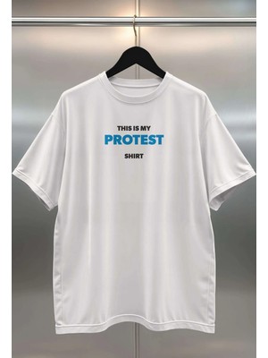 Buzagi Protest Dijital Baskı Oversize Beyaz Unisex Tişört