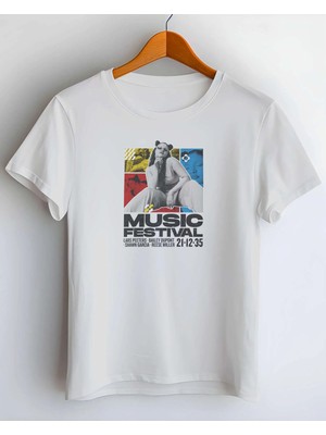 Buzagi Festival Dijital Baskı Regular Kalıp Beyaz Unisex Tişört