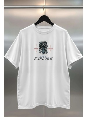Buzagi Explore Dijital Baskı Oversize Beyaz Unisex Tişört