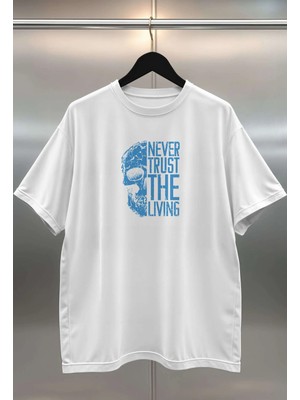 Buzagi Never Trust Dijital Baskı Oversize Beyaz Unisex Tişört