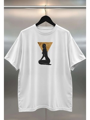 Buzagi Soyut Kadın Oversize Dijital Baskılı Beyaz Tişört