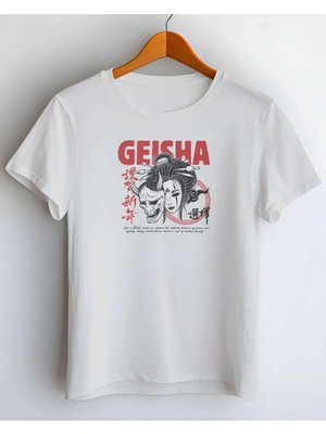 Buzagi Geisha Dijital Baskı Regular Kalıp Beyaz Unisex Tişört