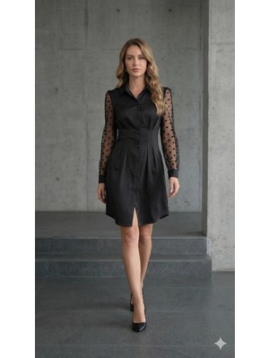 Stores36 Kadın Uzun Kollu Yakalı Düğmeli Mini Ithal Krep Elbise