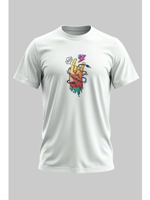 Buzagi Rock Dijital Baskı Regular Kalıp Beyaz Unisex Tişört