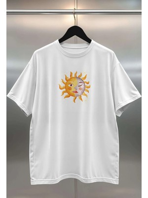 Buzagi Organik Pamuk Dijital Baskılı Oversize Beyaz Tişört