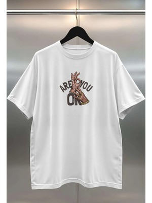 Buzagi Are You Ok Dijital Baskı Oversize Unisex Beyaz T-Shirt