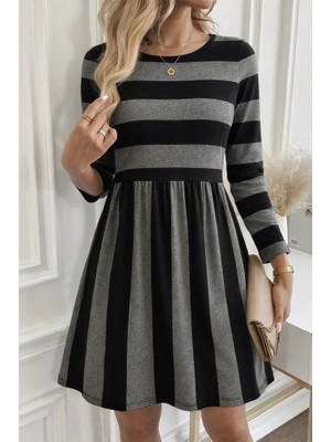 Stores36 Kadın Uzun Kollu Bisiklet Yaka Çizgili Desen Detaylı Süprem Mini Elbise
