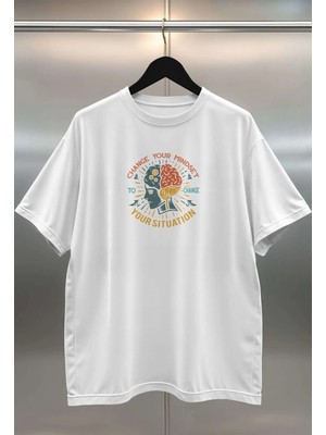 Buzagi Organik Pamuk Dijital Baskılı Oversize Beyaz Tişört