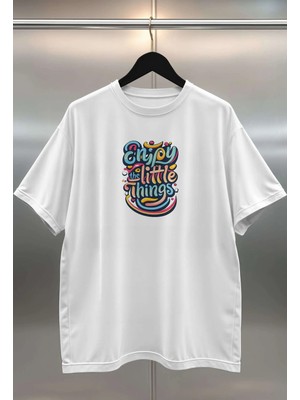 Buzagi Enjoy Little Things Dijital Baskı Oversize Unisex Beyaz T-Shirt