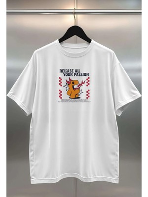Buzagi Passion Dijital Baskı Oversize Beyaz Unisex Tişört