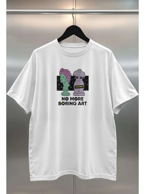 Buzagi Boring Art Dijital Baskı Oversize Beyaz Unisex Tişört