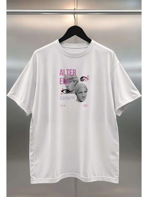 Buzagi Alter Ego Dijital Baskı Oversize Beyaz Unisex Tişört