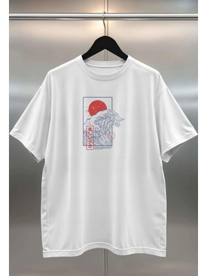 Buzagi Japan Wave Dijital Baskı Oversize Beyaz Unisex Tişört