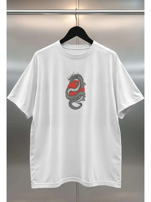 Buzagi Japon Ejderha Oversize Dijital Baskılı Beyaz Tişört