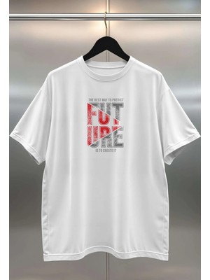 Buzagi Organik Pamuk Dijital Baskılı Oversize Beyaz Tişört