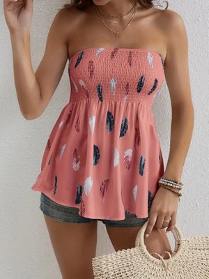 Stores36 Kadın Yaprak Desenli Göğsü Gipeli Mosskrep Straplez Bluz