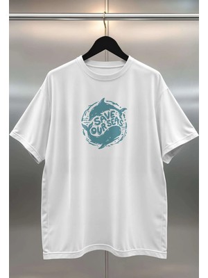 Buzagi Save Our Seas Dijital Baskı Oversize Unisex Beyaz T-Shirt